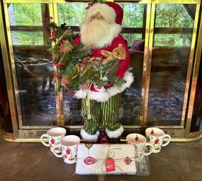 Christmas Decor Collection Including Large Santa, Ornaments & Sur La Table Mugs And Embroidered Napkins