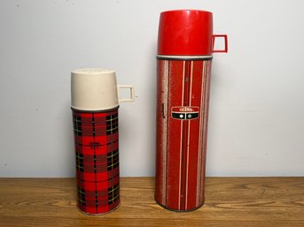Vintage King-Seeley Thermos Pair – Red Plaid & Striped Bottles, 1969 & 1973