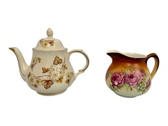 Vintage Arthur Wood Teapot Paired With An O.C.C.O Limoges French Rose Pitcher