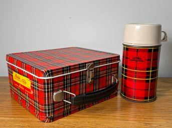 Vintage Aladdin Red Tartan Plaid Metal Lunch Box With Thermos