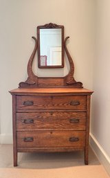 Antique Oak Three Drawer Dresser With Petite Mirror