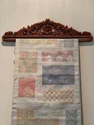 Vintage Asian Obi Textile As Wall Hanging In Sage Green Motif