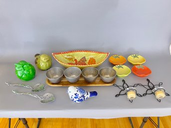 Lot Of Decorative Items Including Williams Sonoma Dishes, Green Owl, Etc