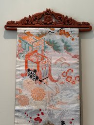 Vintage Asian Silk Obi Textile As Wall Hanging In Orange Tone