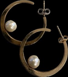 14K Gold Hoop Signed Earrings With Cultured Pearls  Modern Open Hoop Design