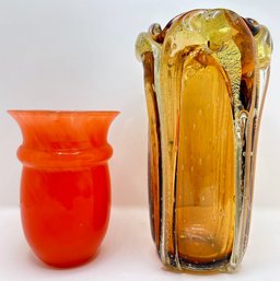 2 Art Glass Vases: Italian Morano With Gold Flake & Hand Blown Orange
