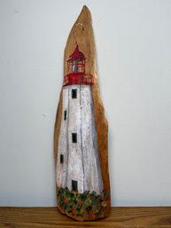 Signed Susan Thau Hand-Painted Sandy Hook Lighthouse Folk Art On Driftwood  New Jersey, Dated 1985