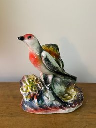 Vintage Mid-Century Hand-Painted Chalkware Bird On Nest With Eggs Figurine