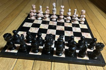 Hand Carved Variegated Pink Marble And Onyx Chess Set