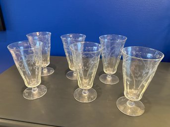 Set Of 6 Footed Etched Glasses