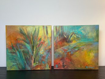 A Pair Of Pippi Johnson 'Pond At Rogers Park' Signed Abstract Landscape Canvas Paintings