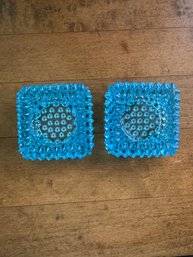 Vintage Fenton Turquoise Blue Hobnail Square Personal Ashtrays / Votive Holders - Pair