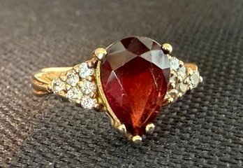 14K Yellow Gold Red Tourmaline & Diamond Ring  Pear Cut Stone 1.8 Cts With Diamond Accents ~ Size 6 ~