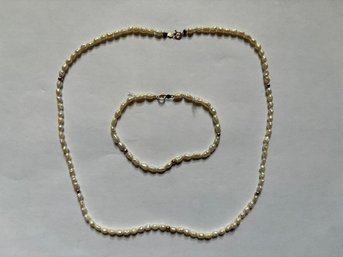 Fresh Water Pearl And 14K Gold Necklace & Bracelet