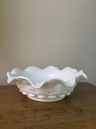 Vintage Fenton White Milk Glass Paneled Grape Ruffled Bowl
