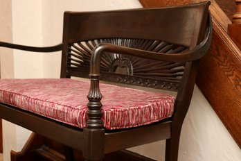 Teak Settee Bench With Sunburst Back And Textured Upholstered Seat