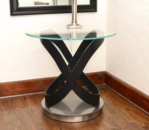 Modern Round Glass-Top Side Table With Sculptural Black Chrome Base