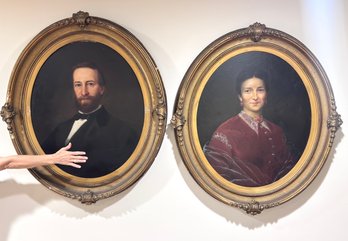 PAIR Very Large 19th C Married Couple Oil Painting Portraits In Oval Carved Frames