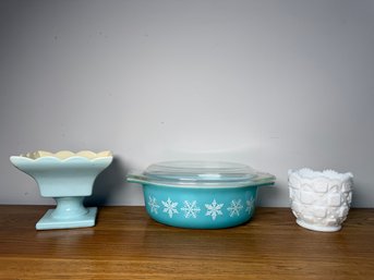 Vintage Turquoise Pyrex Snowflake Pattern Lidded Dish, Hull Pottery & More
