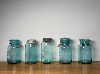 Collection Of 5 Antique Ball Ideal Blue Glass Mason Jars