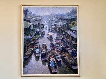 Large Yongyuth Ngaramiat 'Floating Market' Bangkok Thailand Original Oil Painting With Textured Finish