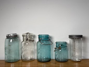 Antique Ball Ideal & Mason Patent Blue & Clear Canning Jars
