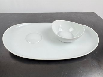 A White Porcelain Servig Plate With Dipping Bowl By Nambe