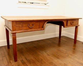 Large Rustic Teak Executive Desk With Graceful Keyhole Cutout And Curved Apron