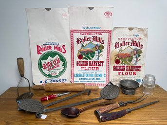 Vintage Roller Mills Flour Advertising, Hand Forged Skimmers & More Kitchen Treasures