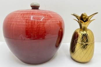 Large Ceramic Covered Ginger Jar Bowl & Brass Pineapple Container
