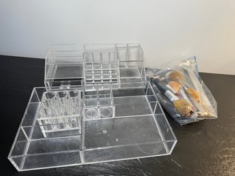 Two Plastic Make Up Trays With Large Collection Of Cosmetic Brushes