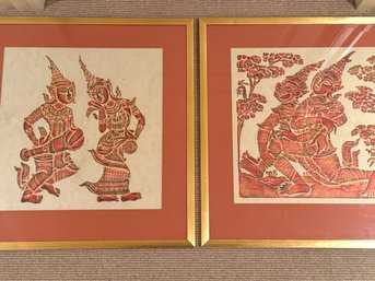LARGE PAIR Thai Temple Rubbings In Brushed Gold Frames