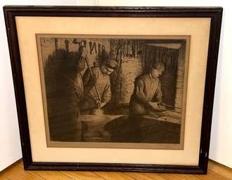 Antique 1914 Signed Industrialist Etching Of Blacksmiths In A Forge- Hidden Gem?