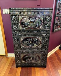 Oriental Lacquered Four Drawer Dresser With Mother Of Pearl Inlay