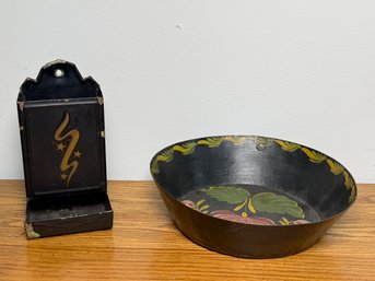 Vintage Hand Painted Toleware Bowl & Match Holder