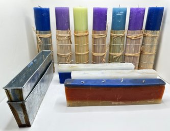 7 Large Pillar Candles In Bamboo Wraps, 3 Large Rectangular Candles & The Molds They Were Created In