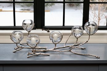 3 Pc Sculptural Silver Branch Candelabra With Glass Votives
