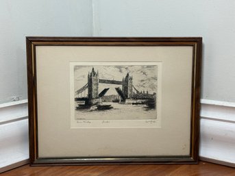 Vintage Cecil Forbes Tower Bridge London, Pencil Signed Etching