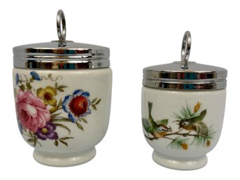 Two Vintage Royal Worcester Egg Coddlers: Pink Rose Floral & Birds
