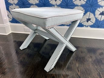 Linen Covered X- Bench With Nailhead Trim