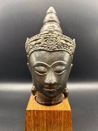 Antique Thai Bronze AYUTTHAYA KINGDOM Crowned Serene Buddha Head On Fitted Stand- VERY Early