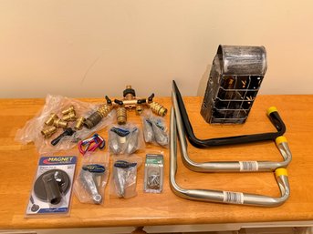 Lot Of Misc Metal Items Including Fishing Weights, Brass Valve, Ladder Racks