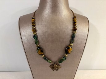 Tigers Eye & Serpentine Gemstone Necklace With Bee Motif