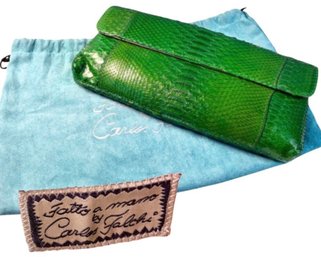 Carlos Falchi Green Snakeskin Clutch / Handbag With Dust Protector
