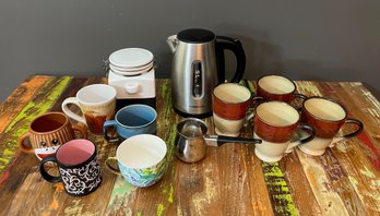 Farber Ware Kettle, 9 Mugs & 2 Canisters