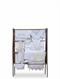 19th-Century American Primitive Wooden Drying Rack With Collection Of Vintage Linens & Lace