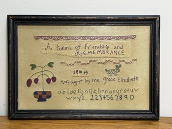 Vintage Friendship & Remembrance Sampler With Rabbit & Fruit Motifs, Replica Of 1845 Sampler