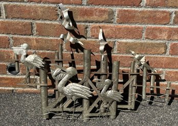 Folk Art Wall Sculpture Of Pelicans And Seagulls Around Pilings