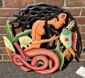 Marvelous JHONSON AUGUSTIN Haitian Folk Art Steel Drum Wall Sculpture Of A Mermaid