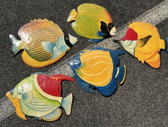 Grouping Of 5 Haitian Folk Art Steel Drum Wall Sculptures Of Reef Fish